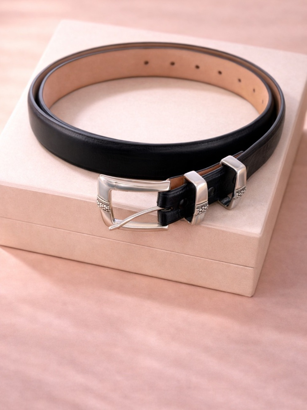 Italian Leather Black Belt Silver Buckle Classic Minimal Size 38